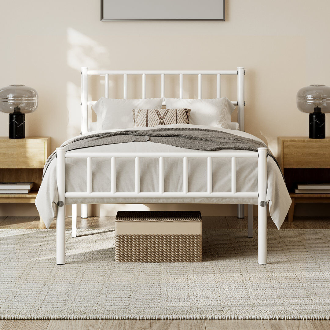 Yaheetech Minimalist Metal Bed Frame with Slatted Headboard White Single (3')