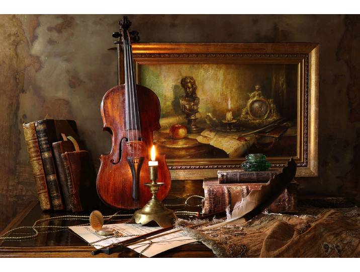 Fototapete PAPERMOON Photo-Art ANDREY MOROZOV, STILLLEBEN MIT VIOLINE UND MALEREI , bunt, B:2m L:1,49m, Vlies, Tapeten, Fototapete