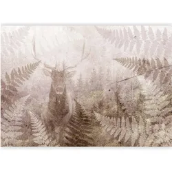 Artgeist, Tapete, Fototapete - Forest motif - deer with antlers among fern leaves on concrete pattern (150 x 105 cm)