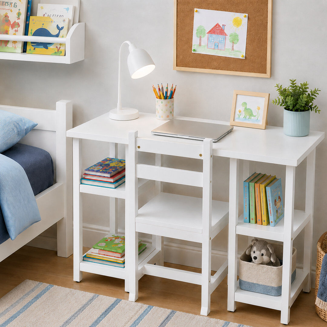 Teamson Kids Wooden Desk & Chair Set with Side Storage Shelves for Study, Drawing, Crafts and Playroom Use, White White 65cm H X 44.5cm W X 101.6cm D