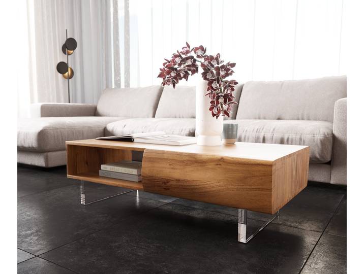 Table basse New Live Edge 115x60 cm acacia naturel 2 tiroirs 1 compartiment pied acrylique