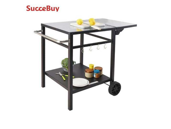 SucceBuy Table de chariot à manger avec double étagère pour barbecue, mobile, préparation des aliments, table pliable, support de four à pizza, table en fer/acier inoxydable