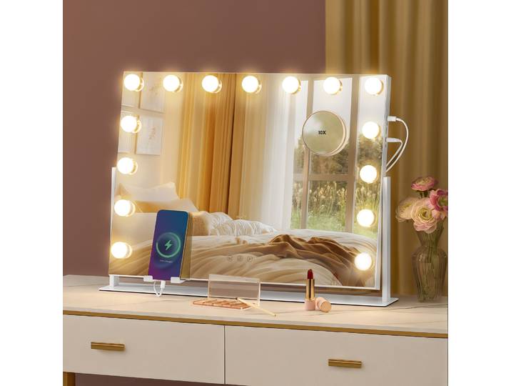 SONGMICS Schminkspiegel mit LED-Beleuchtung, Touch-Steuerung, 15 LED-Glühbirnen, mit Ladeanschlüssen, 3 Lichtfarben