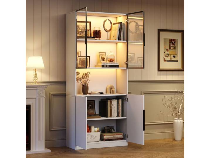 Vitrine 80x30x200 cm avec portes en verre éclairage LED réglable rangement multifonction blanc