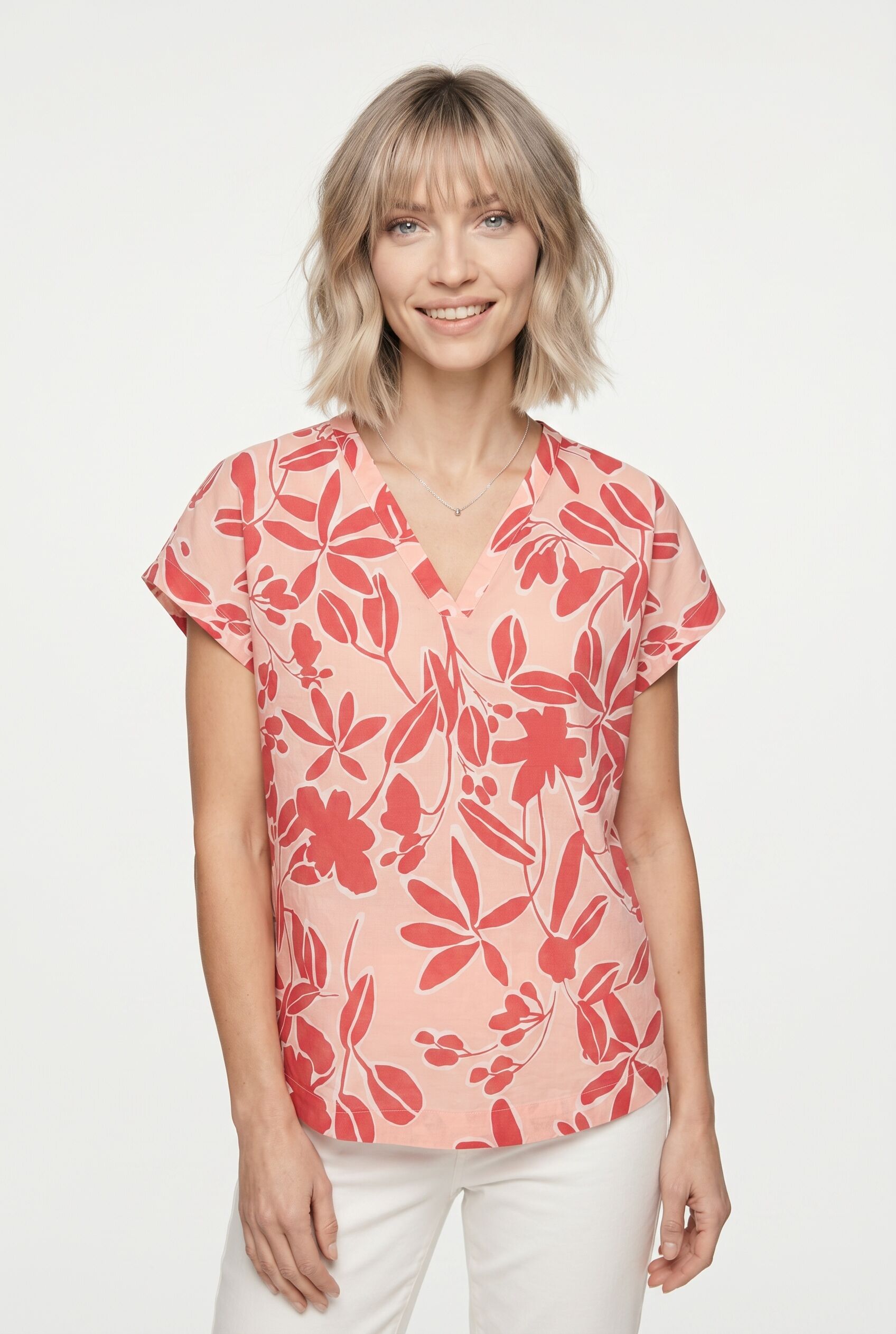Kurzarmbluse SOYACONCEPT "SC-FEODORA 3", Damen, Gr. XL, rosa (salmon combi), Web, Obermaterial: 100% Baumwolle, gemustert, normal, V-Ausschnitt, Blusen Kurzarmbluse, Baumwolle salmon combi XL