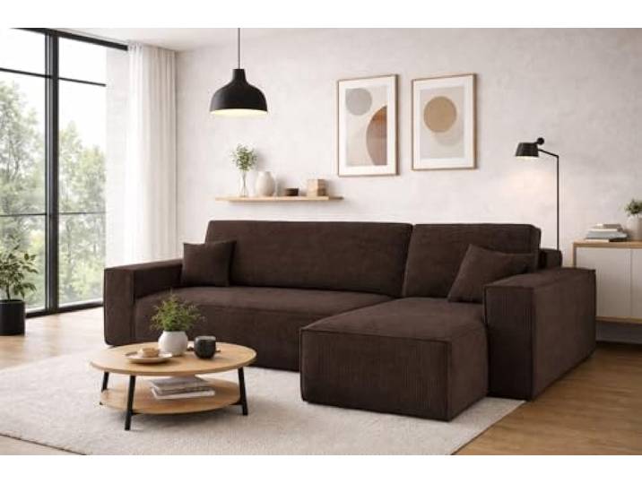 Kaiser Möbel, Ecksofa mit schlaffunktion, mit Bettkasten, Schlafsofa Best, Designer Sofa, Modern Design Couch, Polsterecke, Freistehend, Dicker Cord, Braun Rechts