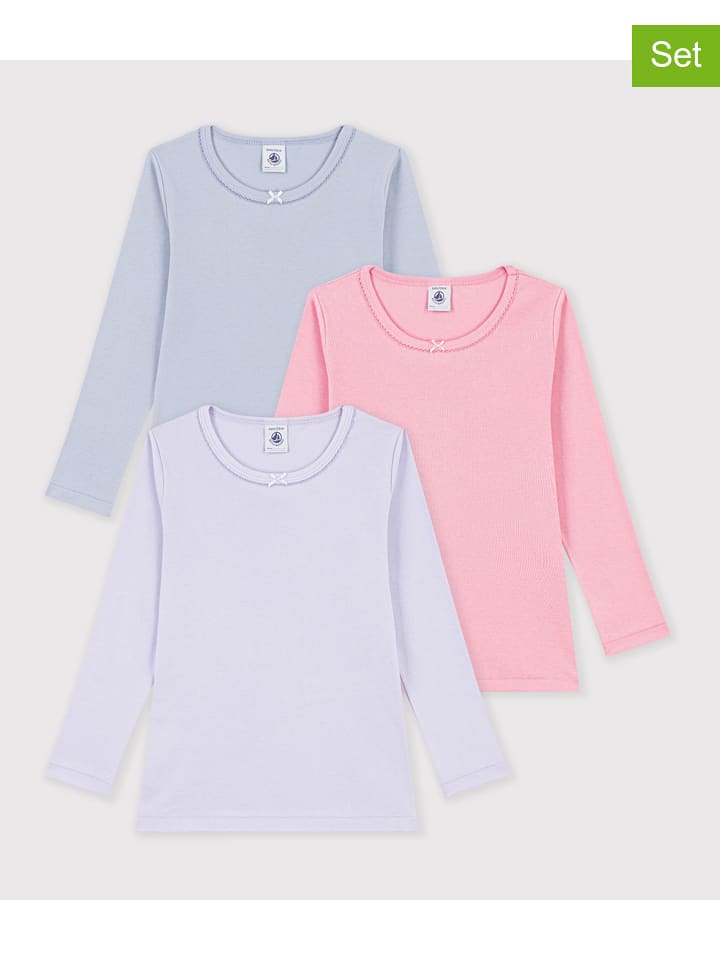 PETIT BATEAU 3er-Set: Longsleeves in Hellblau/ Rosa/ Lila - 86