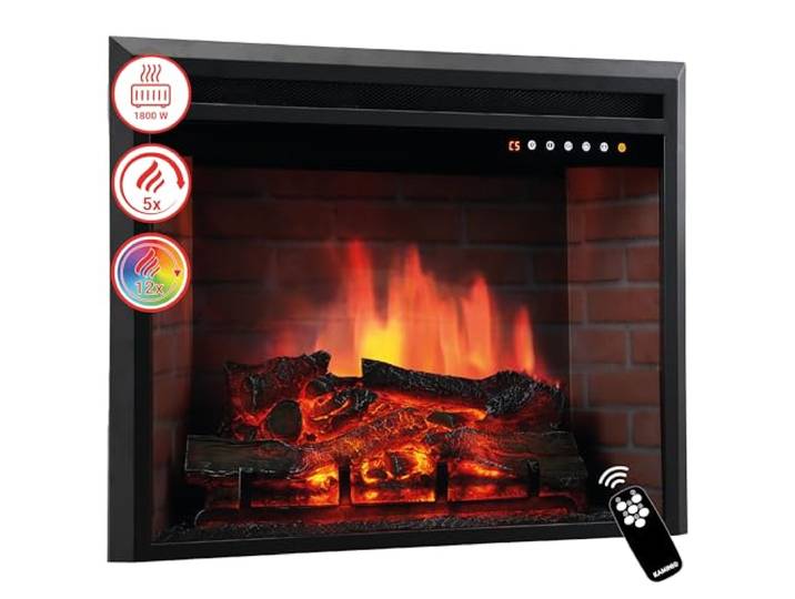 KAMINIO® Luca Pro 30 Cheminée électrique encastrable chauffante Cheminée décorative avec foyer électrique\, effet de flamme\, LED feu en 12 couleurs\, thermostat\, minuterie\, télécommande\, noir