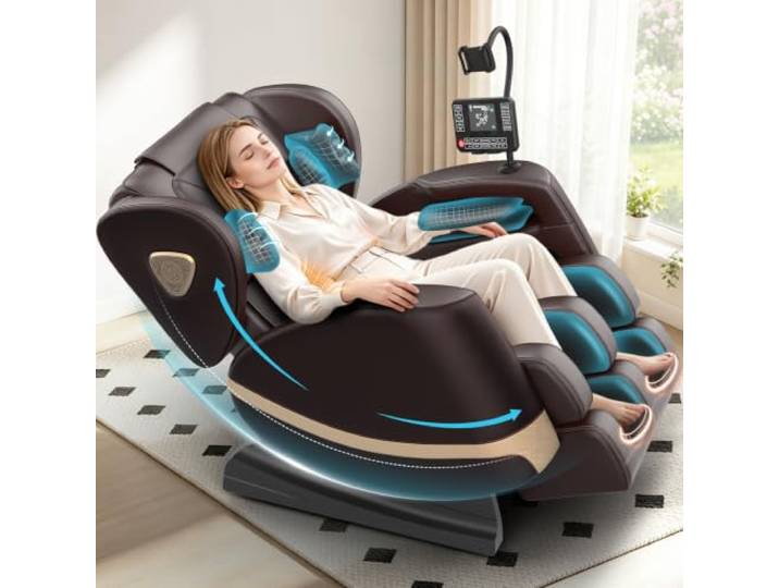Gegcucey Ganzkörper Massagesessel mit Rollen & Airbags für Massage, Zero Gravity mit Bluetooth Lautsprecher und Touchscreen, Heizfunktion für Taille & Beine, mit Fußmassage für Hause/Büro (Braun)