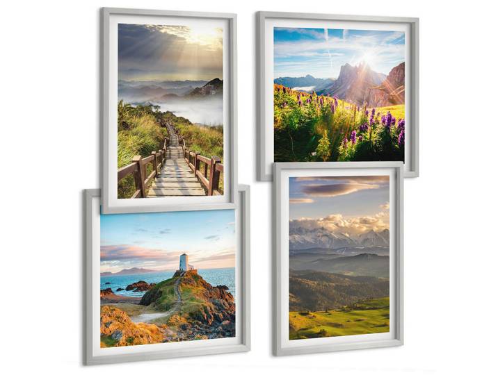 Tulup Bilder SET 4er Set - 50x50 cm & 40x60 cm Silberner Rahmen - Bergblumen Himmelsweg, Silberfarben, Kunststoff, Rechteckig, 50x50 cm, gerahmt, Bilder & Rahmen, Bilder