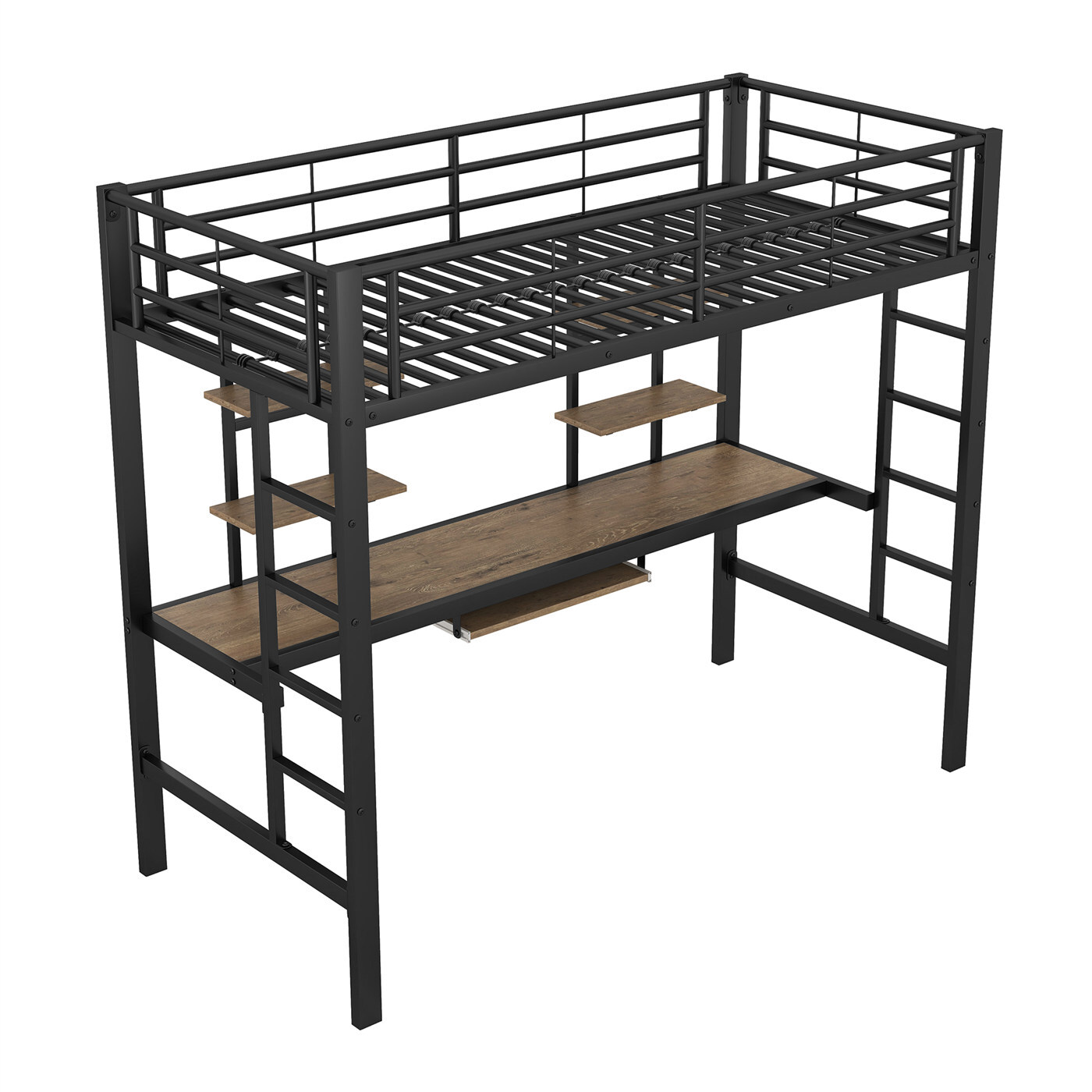 Bettgestell Metallbett,Eisenbett(schwarz)Hochbett mit Schreibtisch und zwei Bücherregalen für Kinder, Jugendliche und Erwachsene