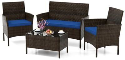Costway 4 Piece Patio Rattan Conversation Set with Cozy Seat Cushions-Navy
