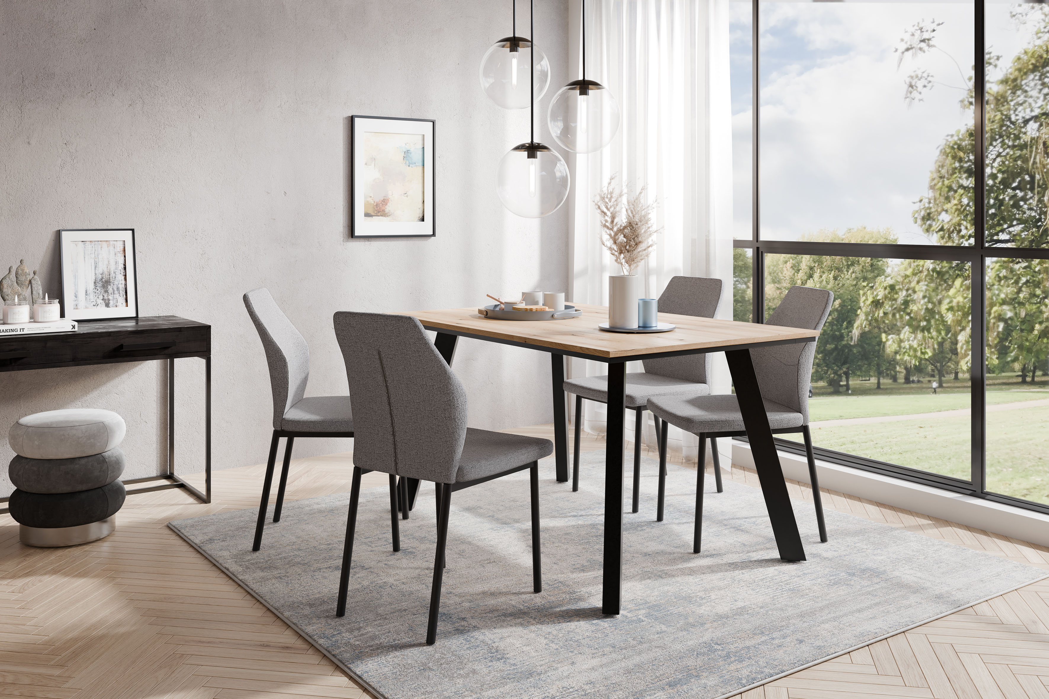 Essgruppe OTTO HOME "Genf Tischgruppe, Esstisch plus 4 Stühle", grau (eichefarben, hellgrau), Webstoff, Sitzmöbel-Sets, Essgruppe, Küchentisch, 4 Stühle, moderne Tischplatte in eiche/schwarz