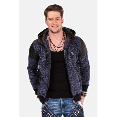 Strickjacke CIPO & BAXX "Strickjacke", Herren, Gr. S, blau (dunkelblau), 100% Polyester, tarnfarben, Basic, regular fit, Rippstrickbündchen, Strickjacken Strickjacke, mit Leder Highlights, CL-310