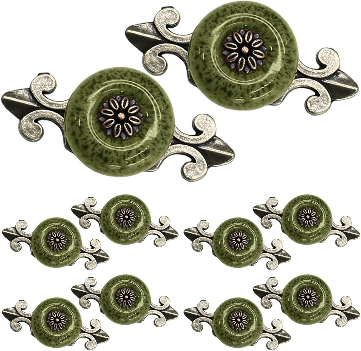 10x Groene Keramische Knop - Vintage Kastknoppen met Patroon en Antiek Bronzen Plaat voor Dressoir en Lades