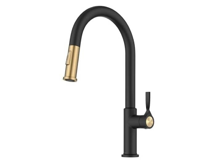 KRAUS Torak KPF-2840SFBBMB Küchenarmatur zum Herunterziehen, fleckenfrei, gebürstetes Messing/Mattschwarz, mit 2 Funktionen, vormontierten Wasserleitungen und Montagezubehör