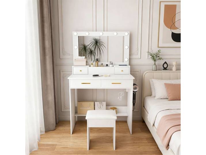 Coiffeuse - POCKETPOP - Miroir LED 3 températures - Prise & support sèche‑cheveux - 4 tiroirs