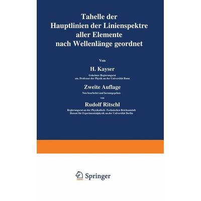 Tabelle der Hauptlinien der Linienspektre aller Elemente nach Wellenlänge geordnet, Taschenbuch von H. Kayser,Rudolf Ritschl, Springer Berlin,