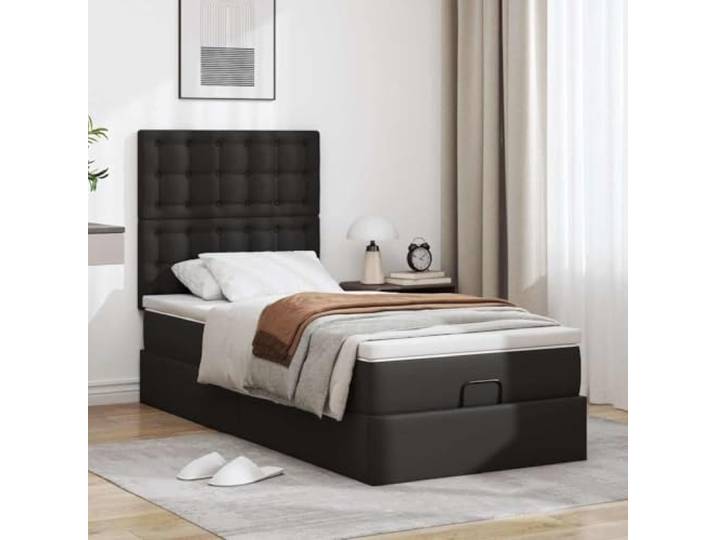 KTHLBRH Bett Pouf mit Matratze Schwarz 90 x 190 cm Kunstleder Hydraulischer Aufzug, Behälterfach, Taschenfederkernmatratze, waschbarer Matratzenbezug
