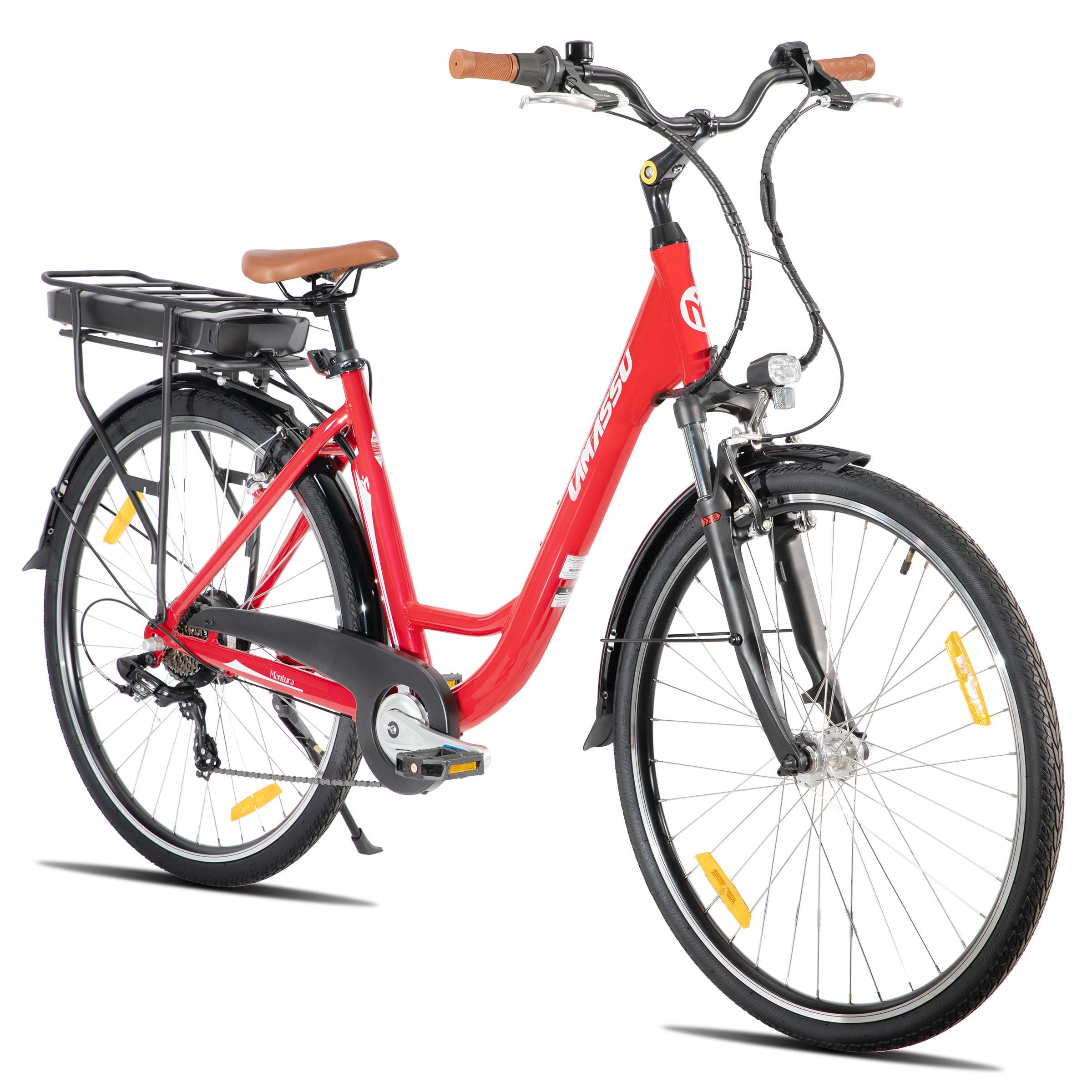 Hiland 28-Zoll-E-Bike für Erwachsene für den Stadtverkehr, 7 Gänge, Aluminiumrahmen, zwei V-Bremsen, 250-W-Motor, 36-V-Akku mit 10,4 Ah