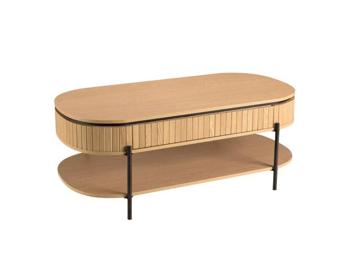 Table basse marron 2 tiroirs style rétro pin pieds métal noir