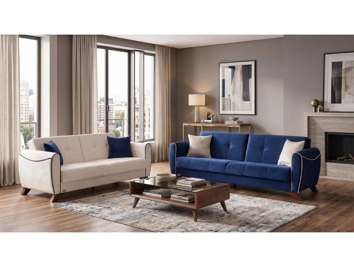 Xlmoebel Polstergarnitur Blau-beiges Wohnzimmer-Set: 3-Sitzer-Sofa Stoffsofas moderner Stil, (2-tlg., 3-2)