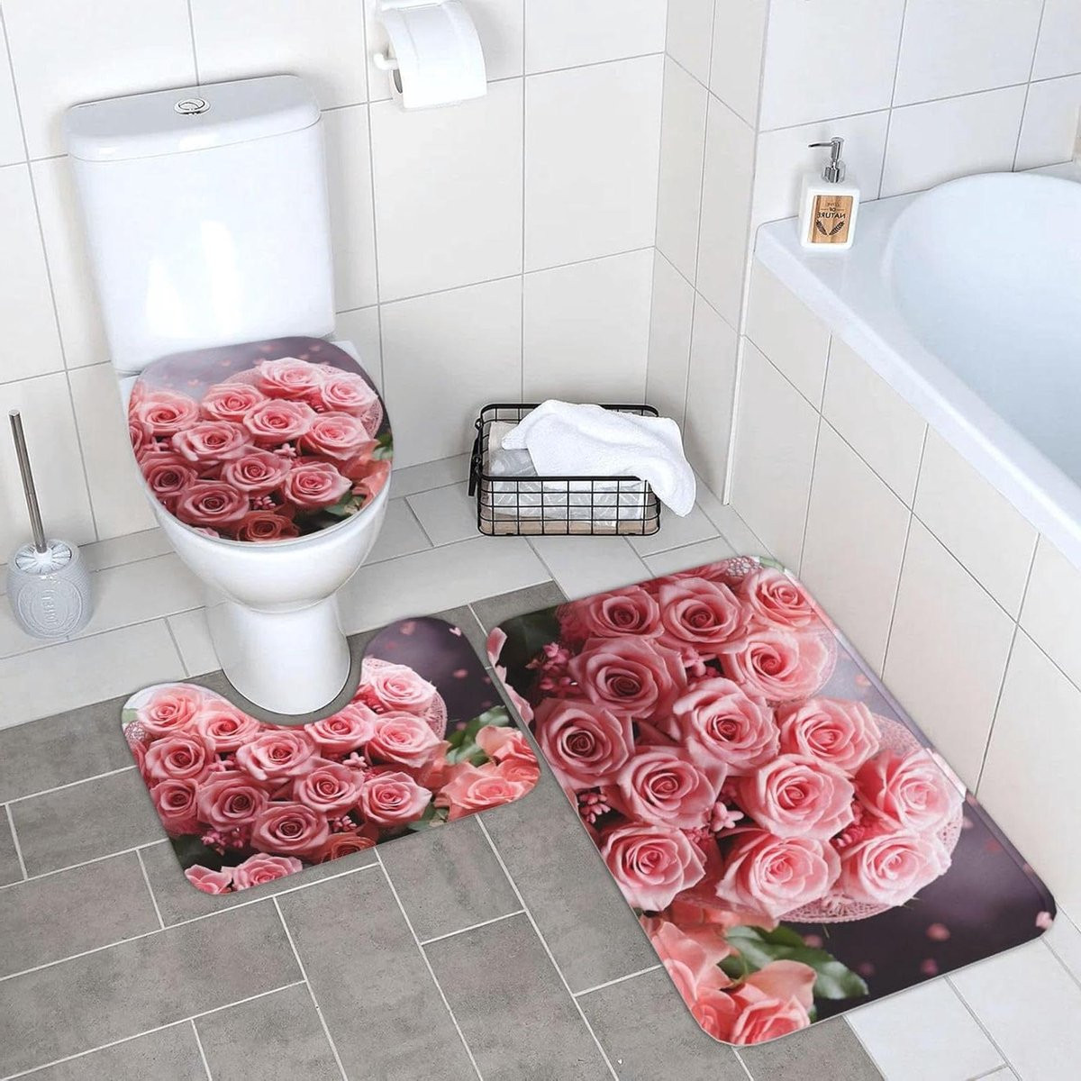 3-delige badmat set met roze hart, super absorberend badkamertapijt