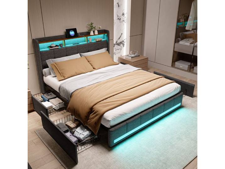 Lit 140x190 cm lit gigogne lin LED capitonné rangement avec tiroirs gris