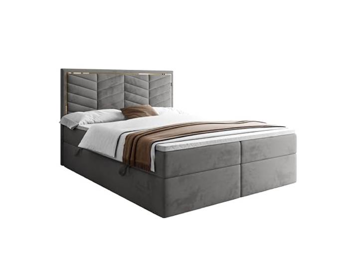 Lookway Boxspringbett Aurora mit Bettkasten & Topper Modernes Stauraumbett mit Taschenfederkernmatratze & elegantem Kopfteil für erholsamen Schlaf (Hellgrau (Royal Velvet 250), 140x200)