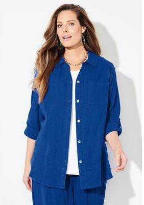 Plus Size Women's AnyWear Pucker Cotton Buttonfront Roll Tab Shirt by Catherines in Dark Sapphire (Size 5X)