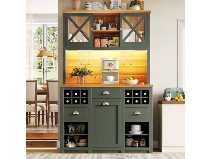 Armoires Cuisine - Meuble Buffet Cuisine avec LED et Multiprise - Haut Vaisselier avec Séparateurs Ajustables - 120x45x188cm-vert