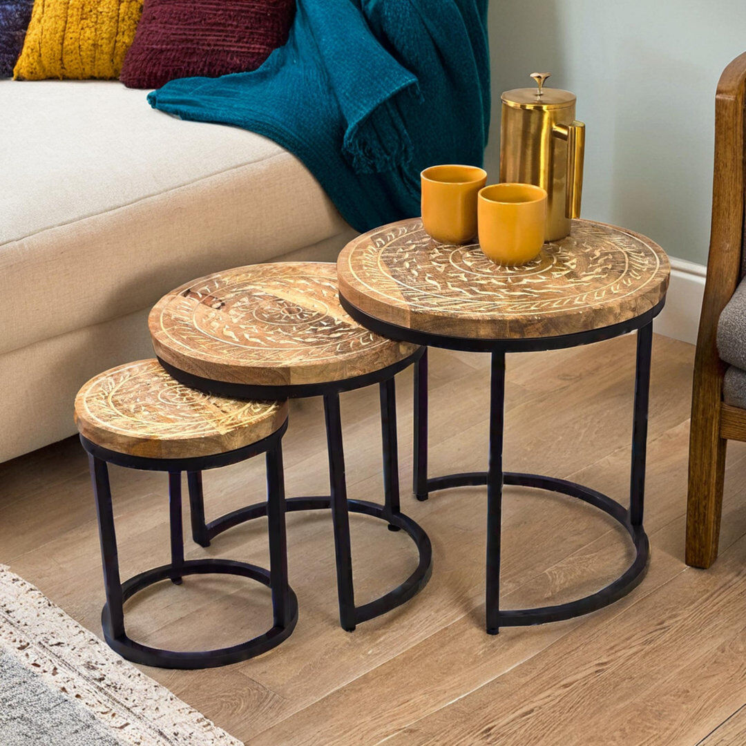 Mistana Solid Wood Top Frame Round Nesting Side Tables Natural 46cm H X 45cm W X 45cm D