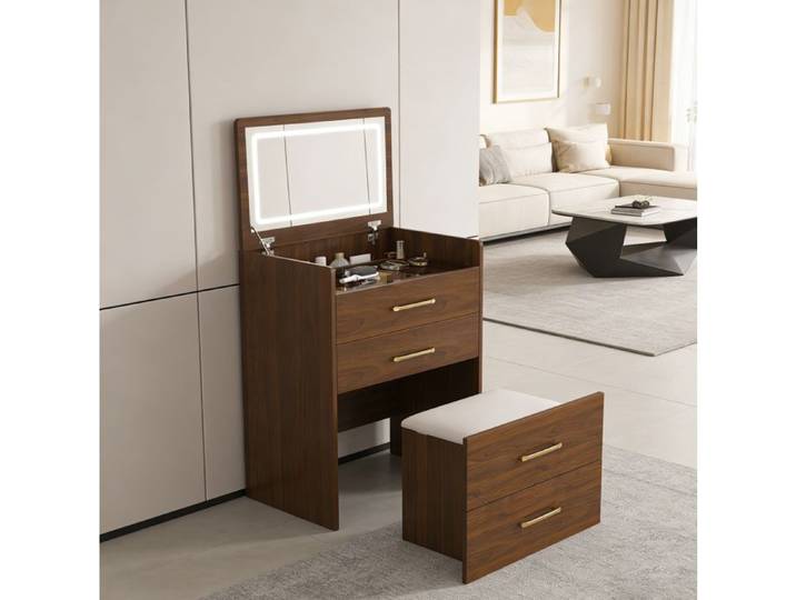 Coiffeuse 3-en-1 60 x 40 x 118 cm avec miroir rabattable plateau en verre et tabouret MDF noyer