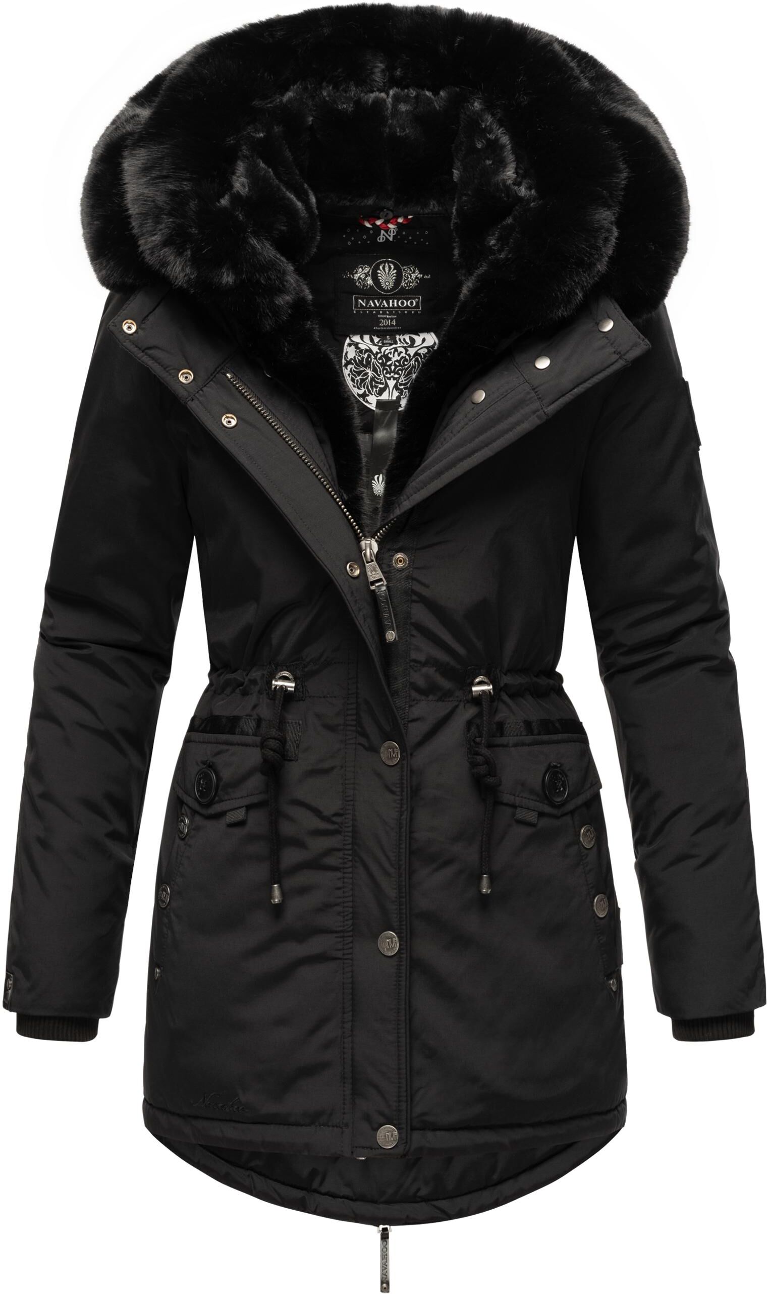 Wintermantel NAVAHOO "Sweety Deluxe", Damen, Gr. M (38), schwarz, Obermaterial: 60% Baumwolle, 40% Nylon. Futter: 100% Polyester. Wattierung: 100% Polyester. Ärmelfutter: 100% Polyester. Kunstpelz: 90% Polyacryl, 10% Polyester, figurumspielend Po-bedecken