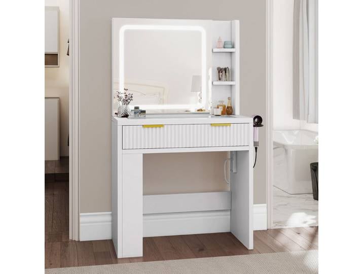 BALCONERA Coiffeuse avec Miroirs- avec éclairage LED-4 compartiments-plateau de table en verre-Blanc-40P x 80L x 140H
