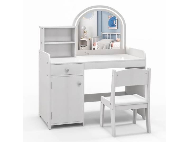 DREAMADE Coiffeuse Enfant avec Tabouret Miroir Eclairé par LED 2 Couleurs 2 Etagères de Rangement et Tiroir 3+ Ans Blanc