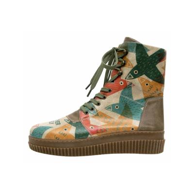 Schnürboots DOGO "Future High Top Boots Together We Fly Damen Stiefeletten", Damen, Gr. 37, gefüttert, Normalschaft, beige (natur), Lederimitat, Schuhe Schnürboots, Handgefertigt