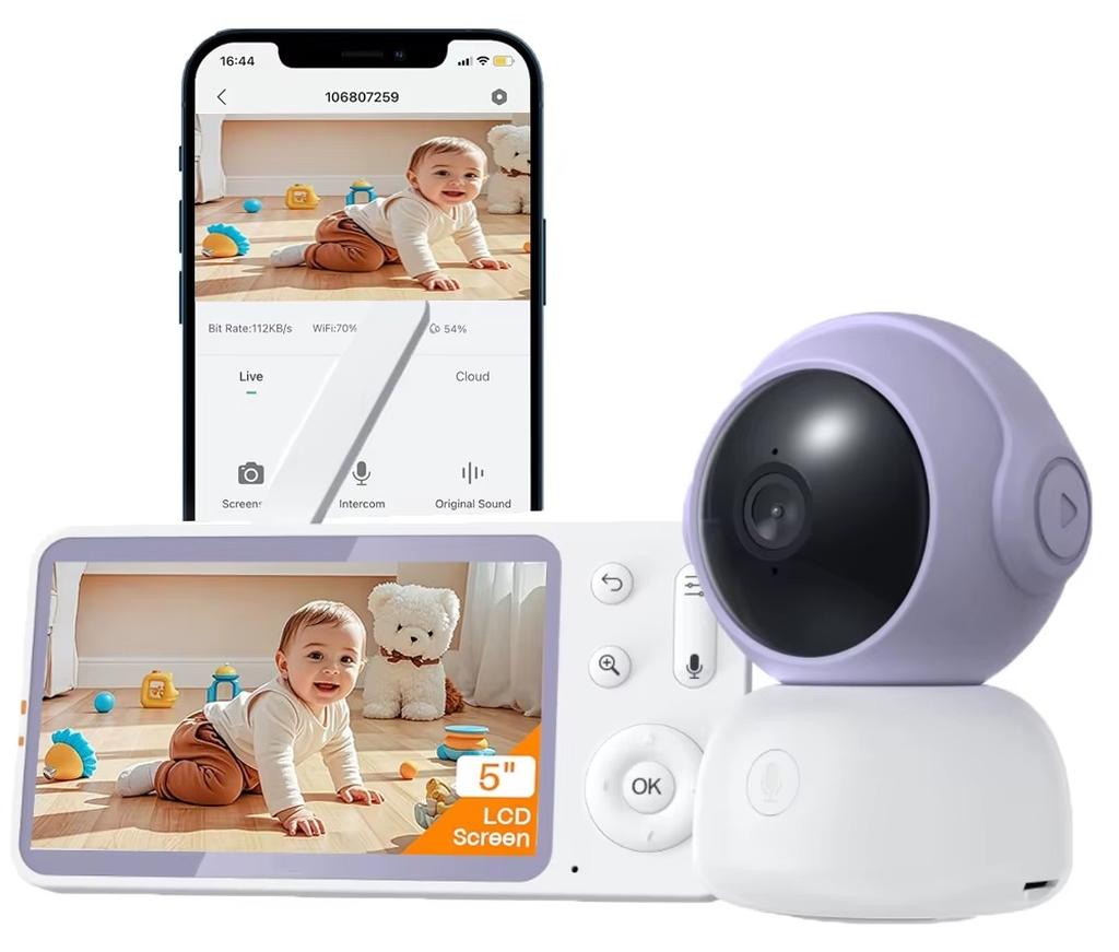 Babyphone - Video-Babyphone mit Kamera - 2K-Auflösung - 5-Zoll-LCD-Display - 2,4-GHz-WLAN - Schwenken und Neigen - Infrarot-Nachtsicht - 3000-mAh-Akku