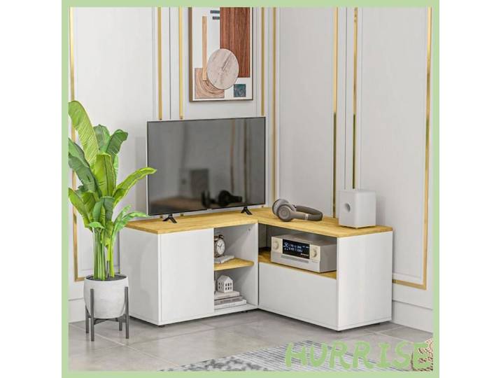 Cocosity Meuble Tv D'Angle Banc Télévision Jusqu'À 40 Pouces Avec Rangements Aspect Bois Clair Et Blanc