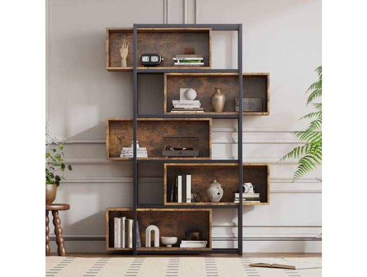 WOVREO Bibliothèque 5 étagères en MDF aspect bois structure métallique noire style industriel vintage