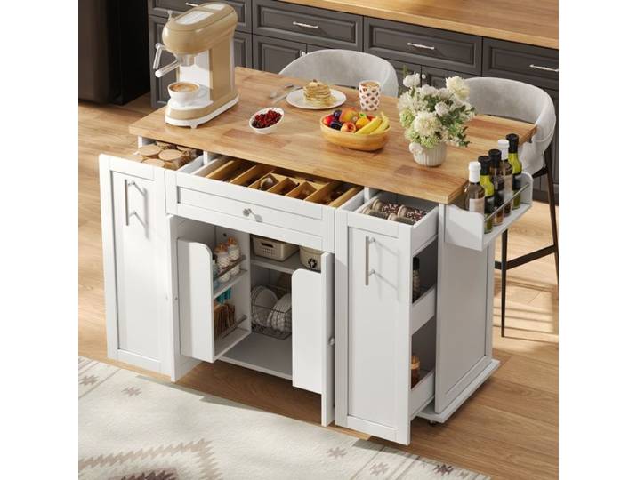 Desserte sur Roulettes - MERAX - avec Plateau Rabattable 3 Tiroirs et Rangements - Blanc