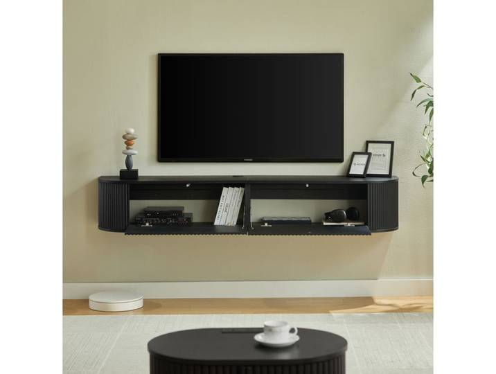 Meuble TV Suspendu Noir Meuble TV Mural FloraGrace Pour Salon Grand Rangement 180x32x30cm