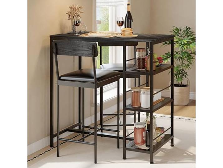 Garvee Bartisch mit 2 Barhockern Set, Schwarz mit Holzmaserung