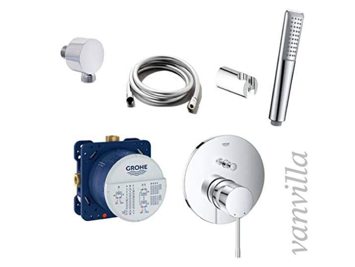 vanvilla Wannenset mit Unterputz Armatur Grohe Essence 2-Wege und vanvilla Handbrause, Wannen-SET G23 poliert