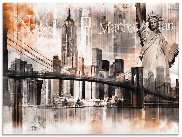 Glasbild ARTLAND New York Skyline Collage V , orange (farbe bild(er): orange), B:60cm H:45cm, Bilder, Glasbild, in verschiedenen Grössen