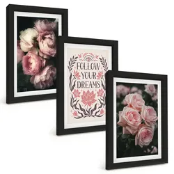 BILDER SET 3er Set - 20x30 cm Schwarzer Rahmen - Vintage-Rosenträume-Inschrift