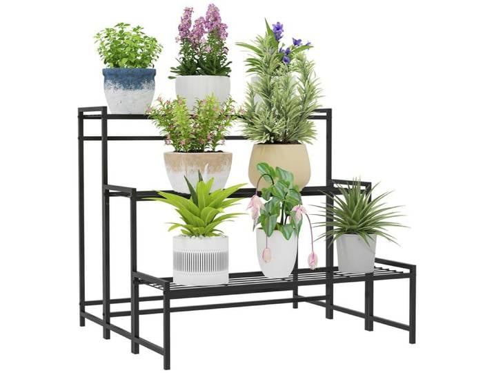 Porte-plantes noir en métal à 3 niveaux avec design en escalier et tablettes ajourées pour intérieur balcon et jardin