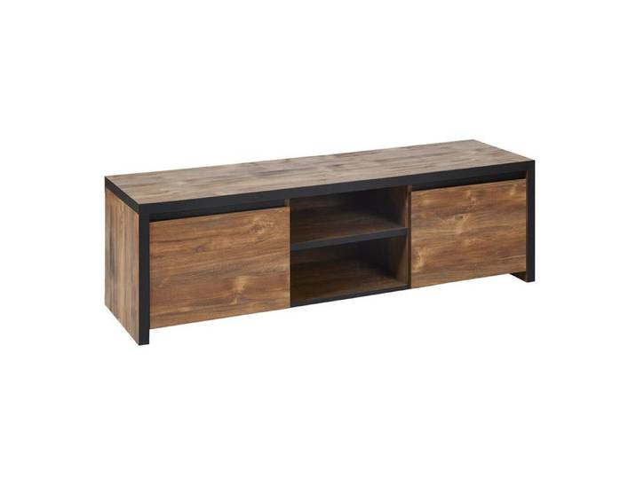 STALONE - Meuble TV 2 Portes 2 Niches Effet Bois Manguier Foncé et Noir