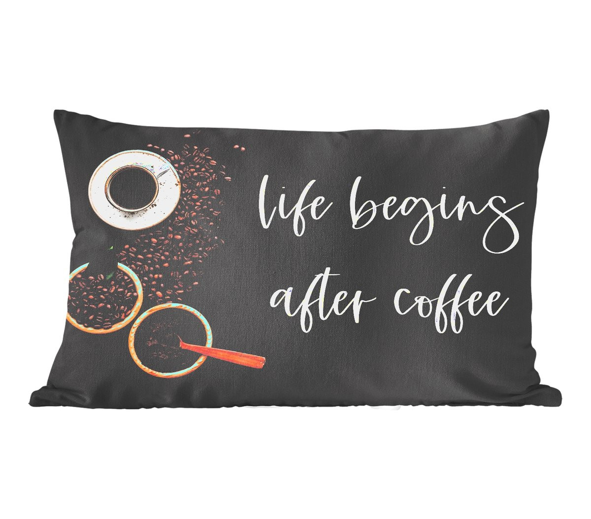 PillowMonkey Sierenkussen met Quote Life begins after coffee, 60 x 40 cm