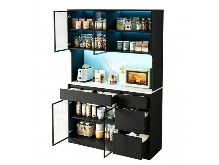 Buffet Cuisine avec LED Grand Espace de Rangement Étagères Réglables Armoire haute vitrine buffet 120x40x180cm Blanc